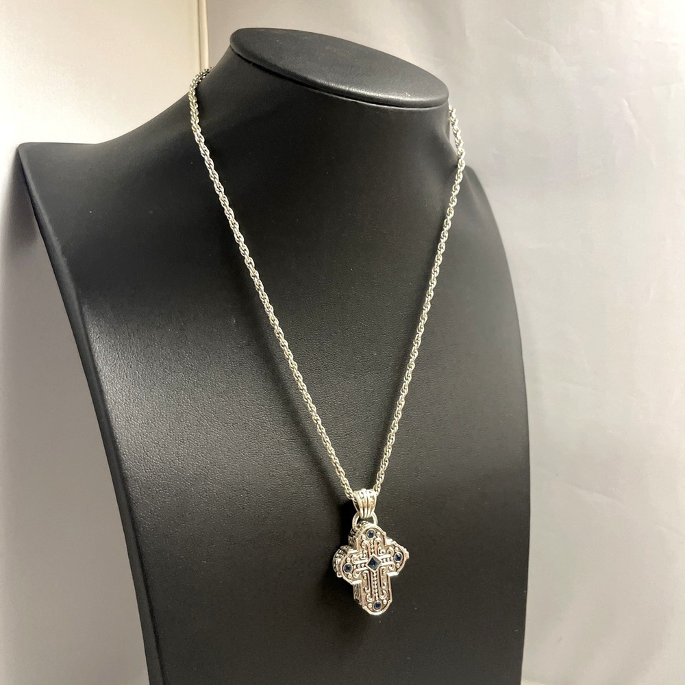 AVON Cross Pillbox‎ Necklace Blue Rhinestone Silver tone Chain Easter Jewelry